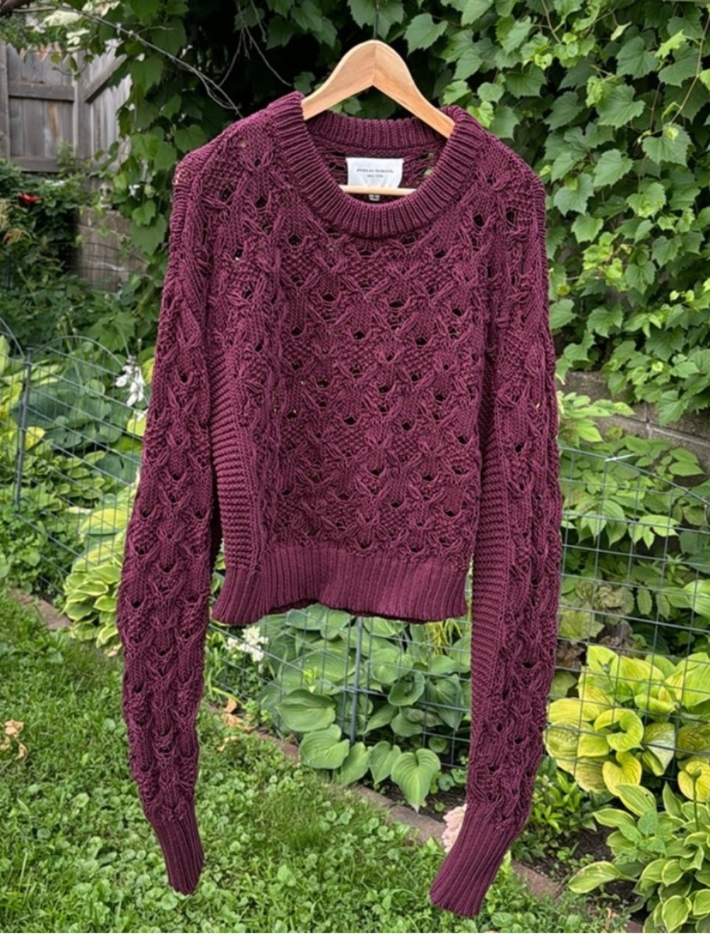 Public School Plum Openwork Cable Crewneck Sweater